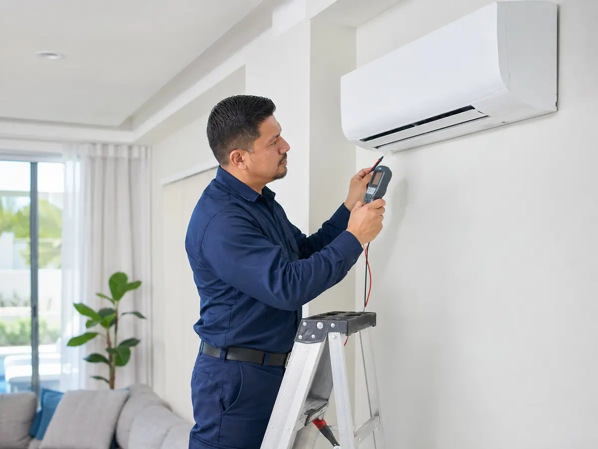 Especialista verificando parámetros de un sistema de aire acondicionado
