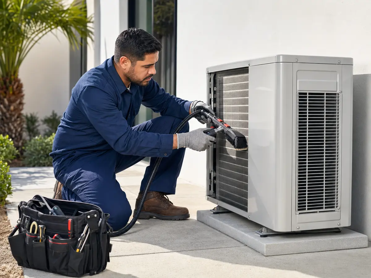 Técnico realizando mantenimiento preventivo de una unidad exterior de aire acondicionado
